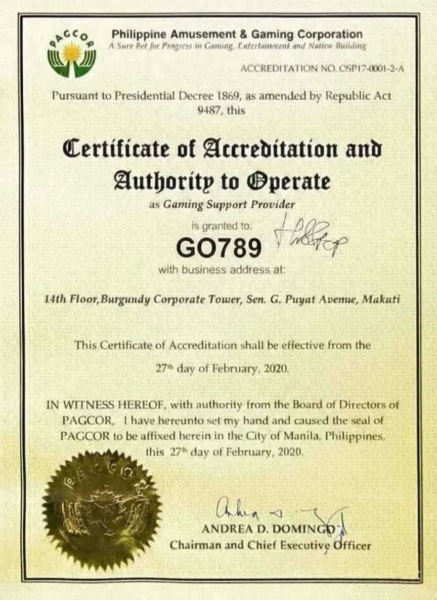Giấy phép hoạt động PAGCOR cấp cho GO789